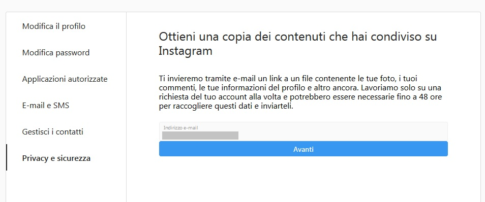 Ottieni copia dei dati Instagram Ottieni copia dei dati Instagram