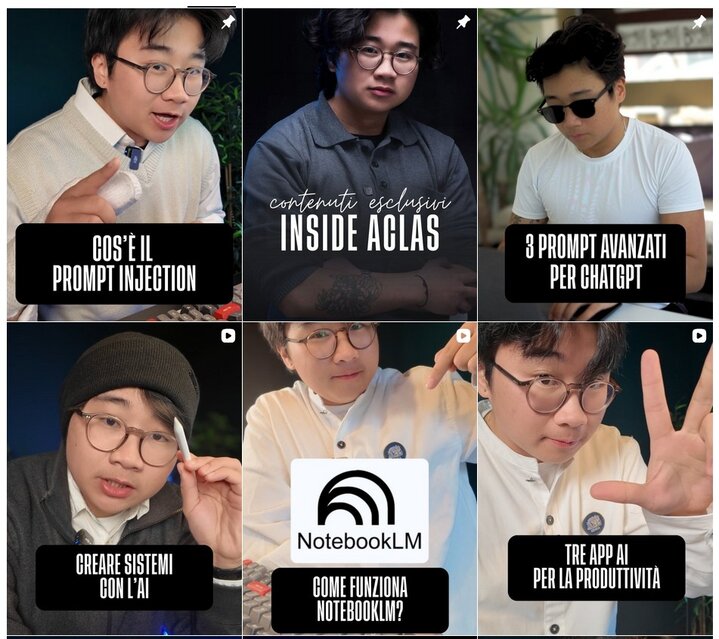 Copertine di alcuni contenuti del canale Instagram di aclas